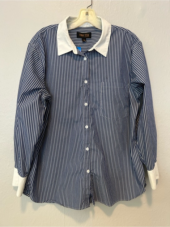 Truth By Republic Tops - Truth Navy and White Pinstripe Button-Down Shirt with White Collar